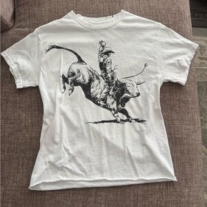 White Short Sleeve Graphic Tee with Rodeo Bull Print